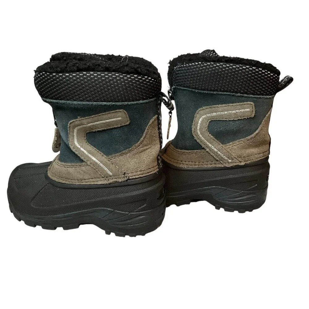 Thermolite winter snow boots childs kids Size 8 leather front zipper Green Boy’s